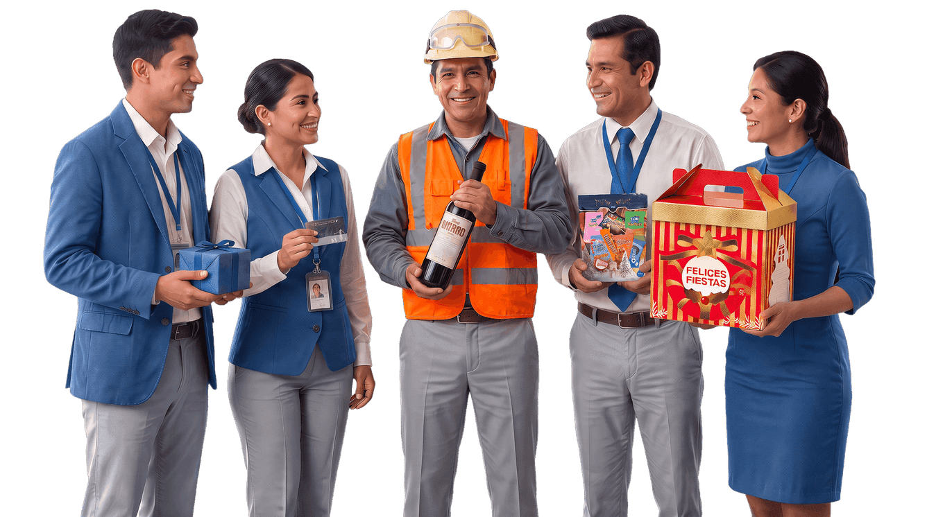 Equipo entregando canastos y regalos corporativos